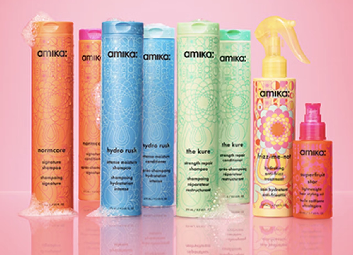 Amika professional hair care products in colorful packaging